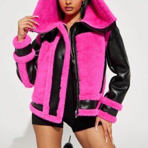Fashion Nova Pink Neon Fur Leather Moto  Jacket with Zipper Hood Size Sm…